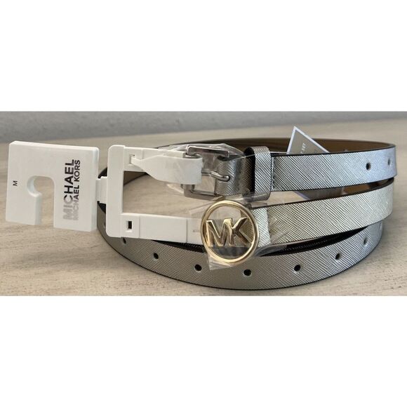 MICHAEL KORS BELT SET (2) METALLIC GOLD & Silver SKINNY MK LOGO Round BUCKLE - Picture 1 of 10